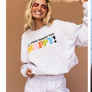 Dressed in LALA Happy Graphic Sweatshirt - Light Gray with Multicolor Text